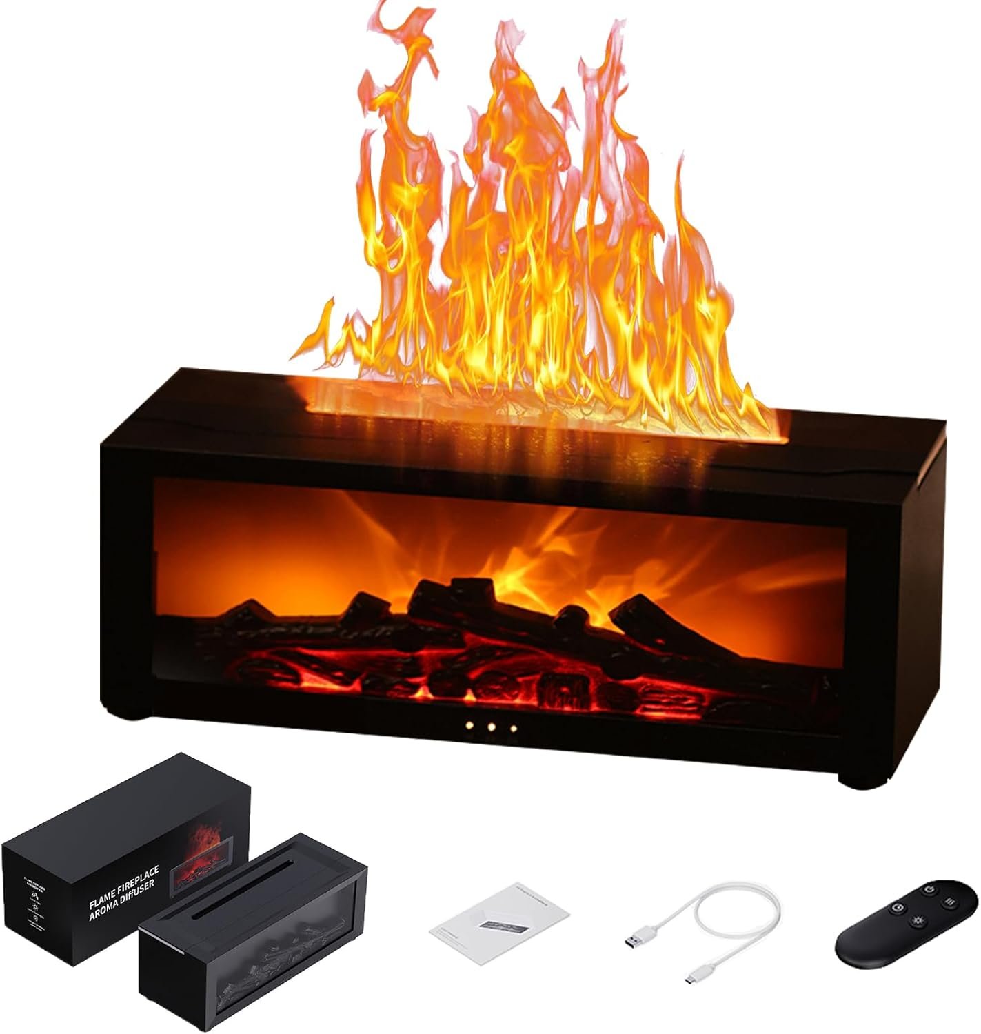 Fireplace Aroma Diffuser with Remote – 7-Color LED Flame Essential Oil Diffuser, Ultrasonic Cool Mist Humidifier with 1/3/5H Timer