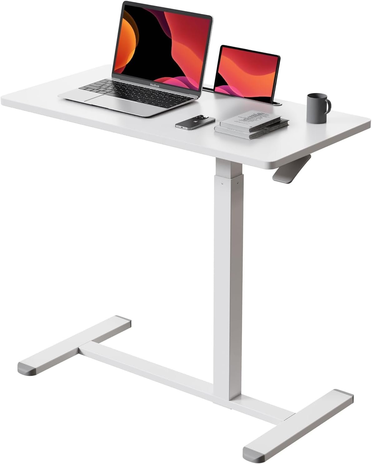 Mobile Standing Desk with Wheels – Pneumatic Height Adjustable Rolling Laptop Desk for Home, Office & Bedside, White