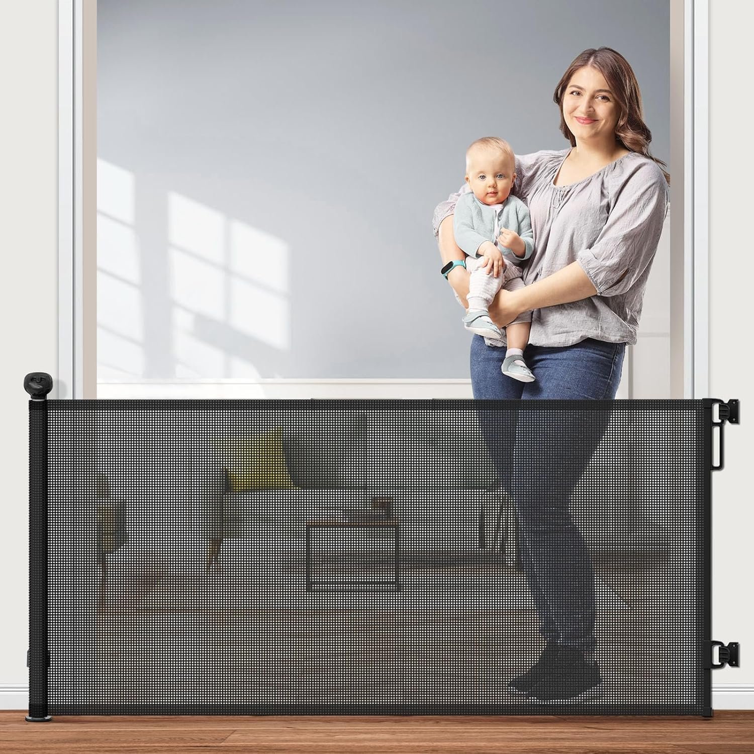 Retractable Baby Gate – 55" Wide x 33" Tall Mesh Safety Gate for Stairs, Doorways & Hallways, Indoor/Outdoor, Child & Pet Gate