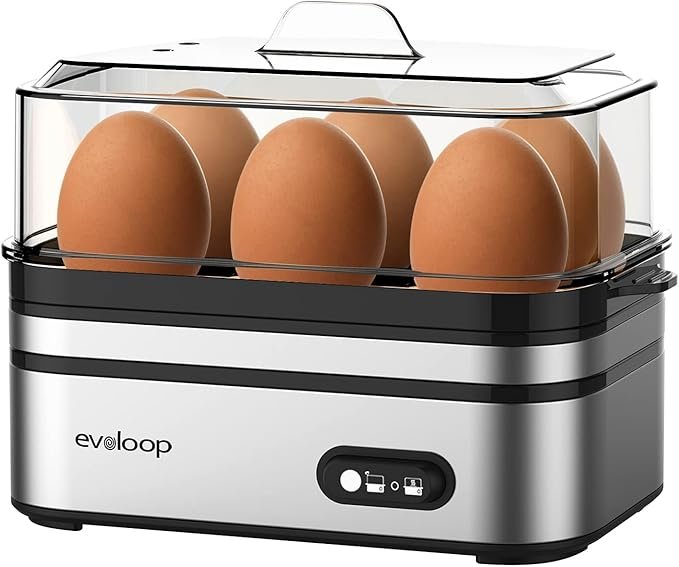 Evoloop Cocedor de Huevos Eléctrico Rápido, Capacidad para 6 Huevos, Hervido Suave/Medio/Duro, Poacher y Omelette, Apagado Automático, Libre de BPA