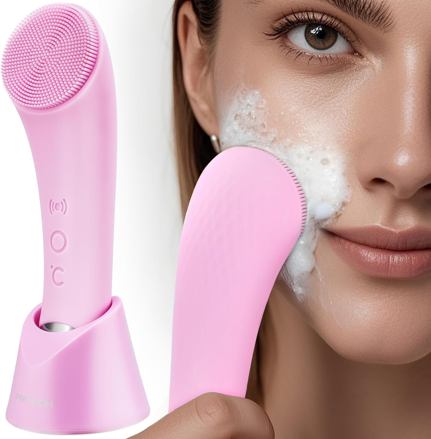 PRITECH Facial Cleansing Brush, Rechargeable Silicone Face Scrubber with Heat Massage End, Vibrating Exfoliator Scrubber for Deep Cleaning, Waterproof Face Brush for Women and Men