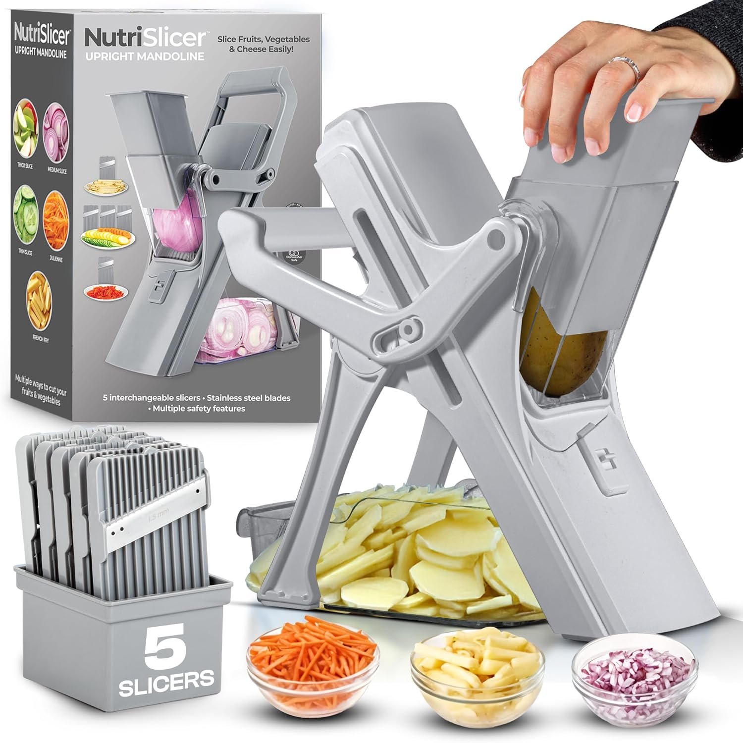 Safe Mandoline Slicer for Kitchen, All in 1 Mandoline Slicer for Food Works as Potato Slicer, Vegetable Slicer, Food Slicer, French Fry Cutter and More with 5 Blades and Storage Container
